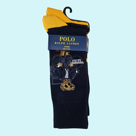Polo Ralph Lauren Trouser Socks Navy Yellow Striped Polo Bear Preppy Modern Gift - Picture 1 of 3